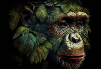 Poster - Beautiful abstract, Chimpanzee on autumn leaves background. Generative AI technology.
