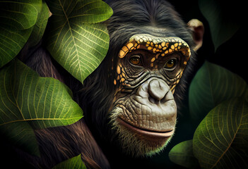 Poster - Beautiful abstract, Chimpanzee on autumn leaves background. Generative AI technology.
