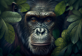 Poster - Beautiful abstract, Chimpanzee on autumn leaves background. Generative AI technology.
