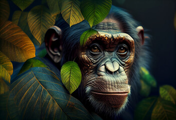 Poster - Beautiful abstract, Chimpanzee on autumn leaves background. Generative AI technology.
