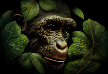 Wall Mural - Beautiful abstract, Chimpanzee on autumn leaves background. Generative AI technology.
