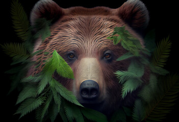 Poster - Beautiful abstract, Brown Bear on autumn leaves background. Generative AI technology.
