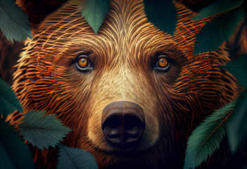 Aufkleber - Beautiful abstract, Brown Bear on autumn leaves background. Generative AI technology.
