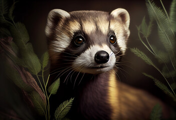 Poster - Beautiful abstract, Black-footed Ferret on autumn leaves background. Generative AI technology.
