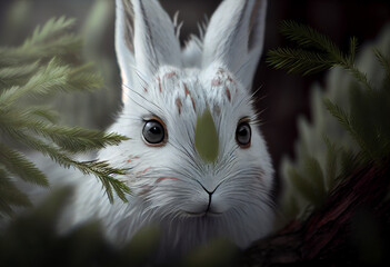 Poster - Beautiful abstract, Arctic Hare on autumn leaves background. Generative AI technology.
