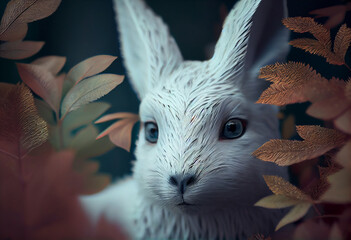 Poster - Beautiful abstract, Arctic Hare on autumn leaves background. Generative AI technology.
