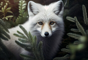 Fototapete - Beautiful abstract, Arctic Fox on autumn leaves background. Generative AI technology.
