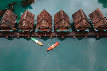 Floating rafts for recreation and relaxation while holidays or vacation in Thailand, Khao Sok, Cheow Lan Lake, Ratchaprapa Dam