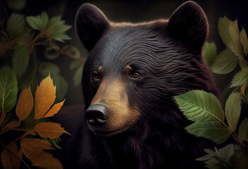 Aufkleber - Beautiful abstract, American Black Bear on autumn leaves background. Generative AI technology.
