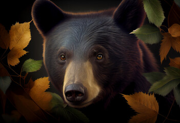 Aufkleber - Beautiful abstract, American Black Bear on autumn leaves background. Generative AI technology.
