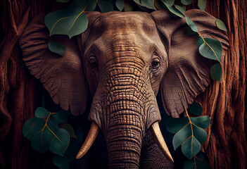 Poster - Beautiful abstract, African Elephant on autumn leaves background. Generative AI technology.
