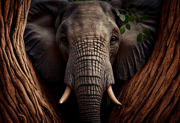 Poster - Beautiful abstract, African Elephant on autumn leaves background. Generative AI technology.
