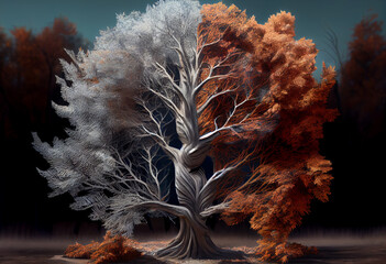 Poster - Beautiful abstract, colorful on autumn leaves background. Generative AI technology.