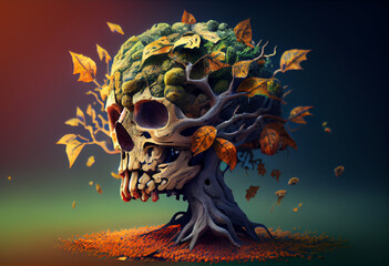 Poster - Beautiful abstract, Zombie on autumn leaves background. Generative AI technology.