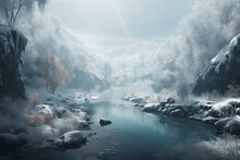 Generative Winter Forest Scene With Frozen Pond, River Stream, Glacier Blues And Trees Created Through AI Technology. Generative AI