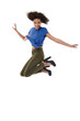 © Harsh/peopleimages.com - Jump, freedom and happy woman in portrait isolated on transparent, png background for fashion, success and winning. Winner, biracial person or model celebration jumping, excited and energy for sale