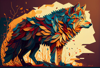Poster - Design a visually stunning digital image of a regal and powerful wolf, using abstract geometric shapes and patterns to create a striking and dynamic composition.  Generative AI technology.
