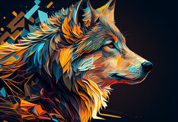 Poster - Design a visually stunning digital image of a regal and powerful wolf, using abstract geometric shapes and patterns to create a striking and dynamic composition.  Generative AI technology.
