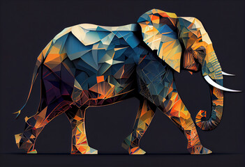 Poster - Produce a dynamic digital artwork of a majestic elephant, incorporating abstract geometric shapes and bold colors to capture the essence of this powerful animal. Generative AI technology.
