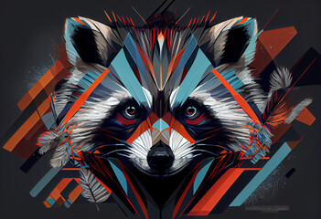 Poster - Design a visually stunning digital image of a regal and powerful raccoon, using abstract geometric shapes and patterns to create a striking and dynamic composition.  Generative AI technology.
