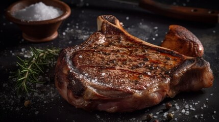 Wall Mural - Grilled beef steak with salt and pepper on black background. Grilled striploin sliced steak. Juicy thick grilled beef steak seasoned BBQ. AI