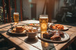 Glass of beer on a a picnic table with meat and vegetables at english countryside, Glass of beer and food bbq in garden outdoor with sunlight, generative ai