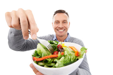 Healthy food, closeup of salad and portrait of man with smile, nutrition and care isolated on transparent png background. Health, happiness and hungry male model eating vegetable bowl for vegan diet.