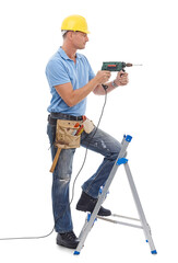 Wall Mural - Man with power tools, handyman on ladder and maintenance worker isolated on transparent, png background. Manual labour, DIY skills and professional trade with male person doing home renovation