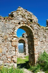 Beautiful shot of the historic ruins of a Byzantine Church in medieval city of Mystras,Greece