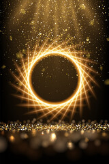 Wall Mural - Golden circle with rays, glitter dust with shine and glow light effect, particles falling