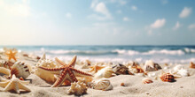 Beautiful Sand Beach With A Starfishes And Seashells AI Generative Art