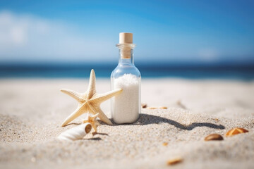 Tropical beach with bottle, seashells and starfish, generative ai