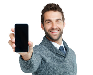 Poster - Phone, screen and portrait of business man on isolated, png and transparent background. Communication, networking and male worker with smartphone for mobile app, social media and website promotion