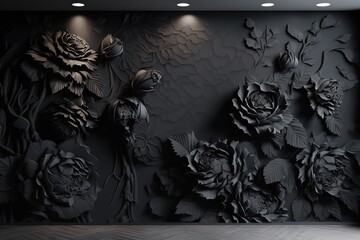 Black floral wallpaper of black roses. Generative AI