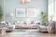 © Viktor - Interior mockup with picture frame on a Wall. Living room in pastel colors with sofa and painting on a wall 3D render.