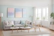 © Viktor - Interior mockup with picture frame on a Wall. Living room in pastel colors with sofa and painting on a wall 3D render.
