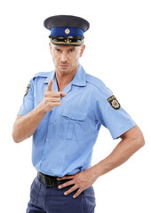 Wall Mural - Portrait, police man and officer pointing isolated on a transparent png background for justice. Law enforcement, serious and mature policeman point with hand gesture for warning, stop crime and no.