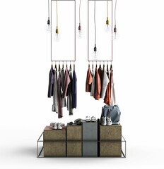 3d rendering of Two hanging clothing ranks above a box with shoes on top