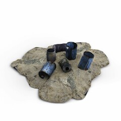 Number of blue metal pipes placed atop a large boulder against a white background, 3D rendered