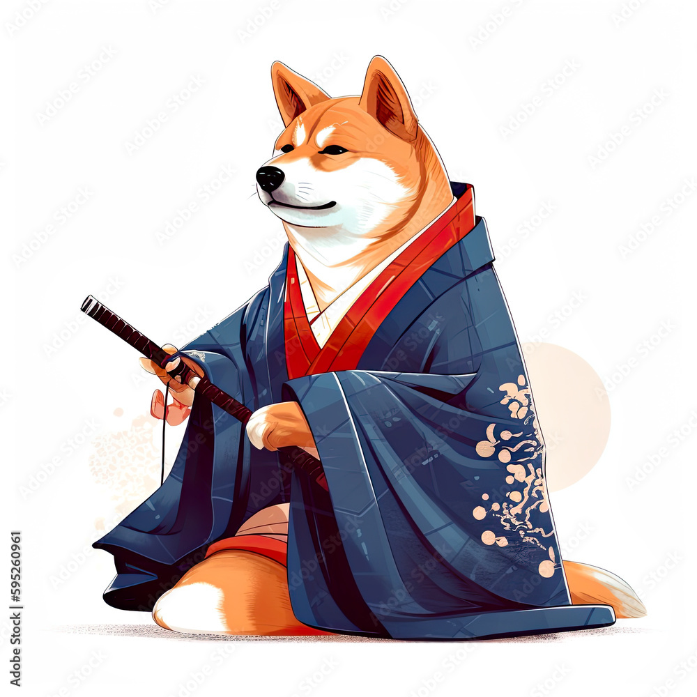 Cute samurai shiba inu dog, AI generative illustration, clip art, cartoon style