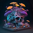 Totenkopf trifft auf neues Pilzleben: Ein düsteres und zugleich lebendiges Bild