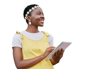 Idea, tablet and smile with a black woman isolated on a transparent background for social media. Thinking, technology and happy with an attractive young african person browsing the internet on PNG
