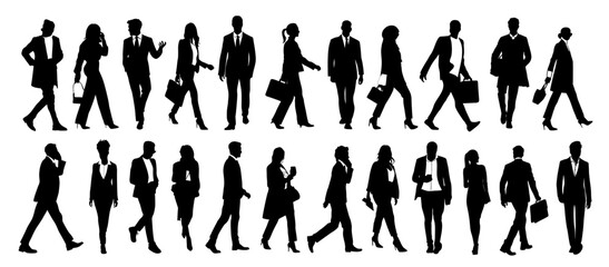silhouettes of business people walking, men and women full length front, side, back view. vector ill