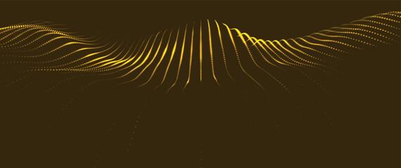 Poster - Wave of particles. Futuristic dots pattern on dark background. Big data digital code. Technology or Science Banner. 3D rendering. Vector illustration.