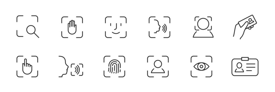 scan icon set. face, voice, eye, fingerprint recognition thin line icons. touch id, face id, voice i