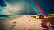 Beach Scene With Vibrant Rainbow And Retro-style Van Parked On The Sand