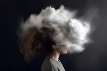 Young woman with her head in cloud. Depression, loneliness and mental health concept. Psychology theme, dreaming, having racing thoughts in mind. Concept of memory loss, dementia. AI generated