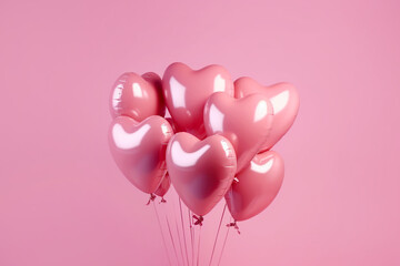 Pink heart shaped helium balloons on pink background. Foil air balloons on pastel pink background. Minimal love concept. Valentine's Day or wedding party decoration. Metallic balloon, AI generated.