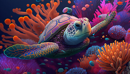 Wall Mural - Cute beautiful turtle underwater against the background of corrals generative ai 