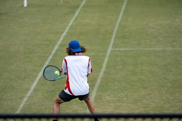 Wall Mural - tennis fan watching a tennis match at the australian open. Grass court tennis. Lawn court in summer in England.